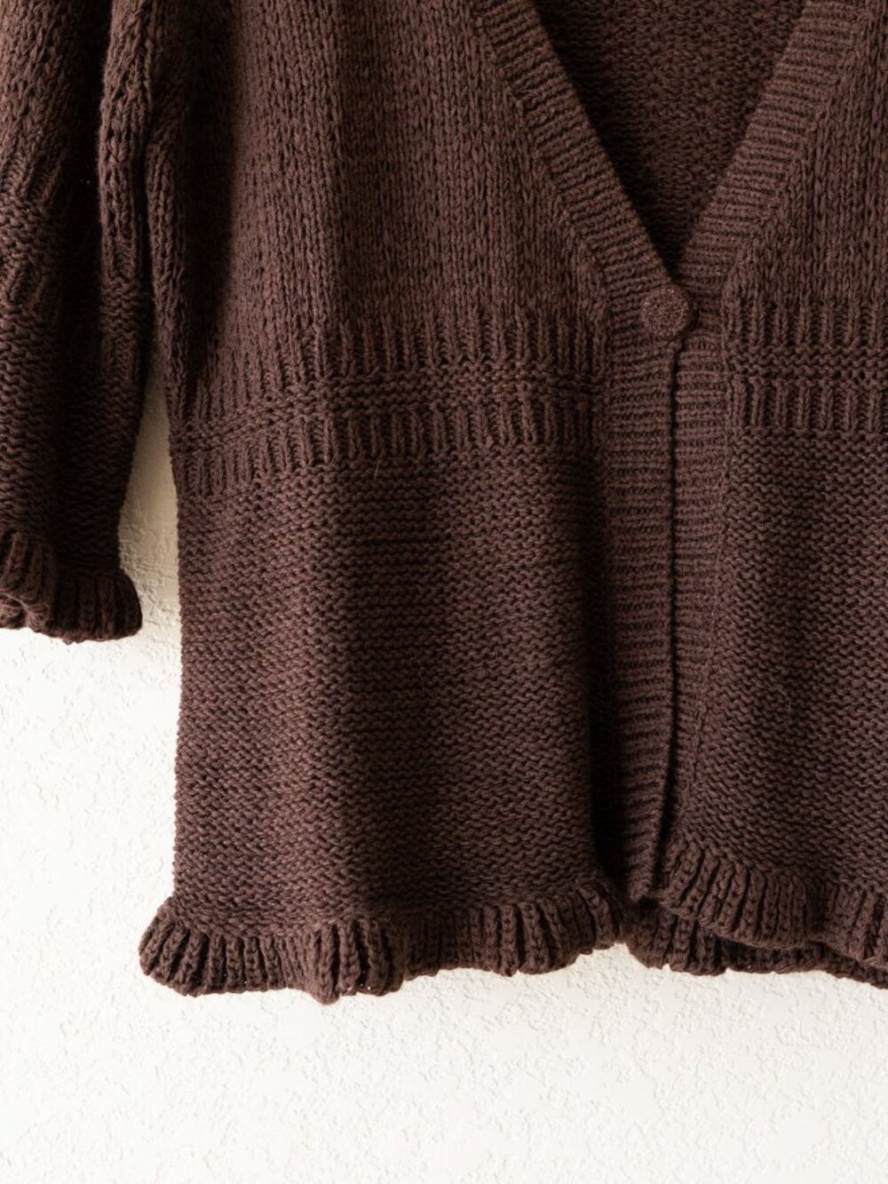 C'est City Cardigan Womens L Chocolate Brown Ruffle Knit Short Sleeve Boho Y2K - Picture 6 of 14